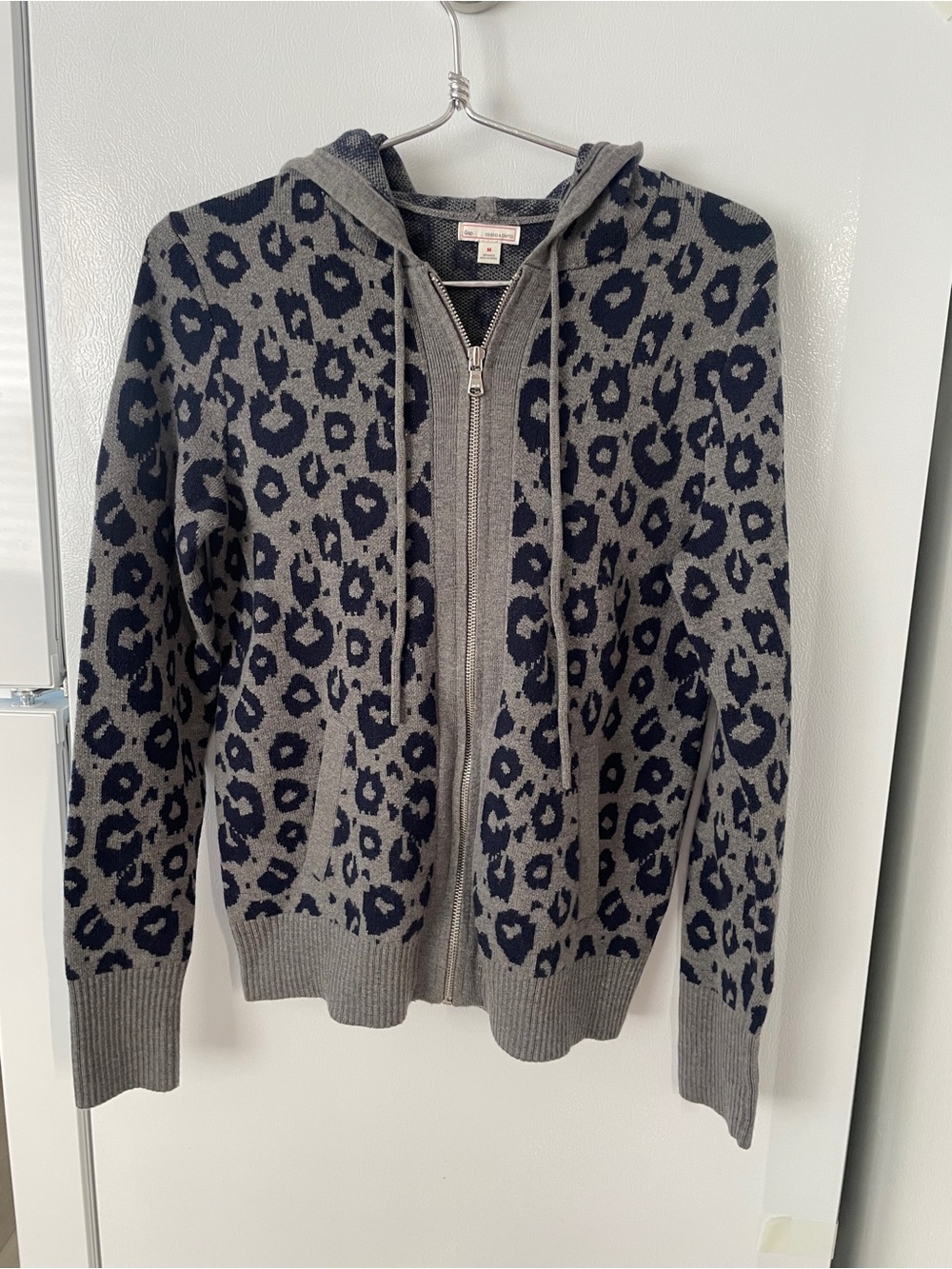 GAP Gray Hoodie Cardigan with Navy Leopard Print